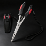 Red-and-Black Non-Slip Long-Nose Stainless Steel Fishing Pliers (Includes Storage Pouch & Braided Lanyard)