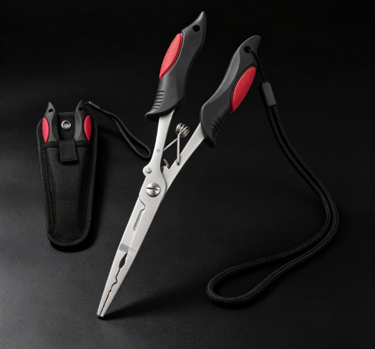 11 Red-and-Black Non-Slip Long-Nose Stainless Steel Fishing Pliers (Includes Storage Pouch & Braided Lanyard) - Image 1