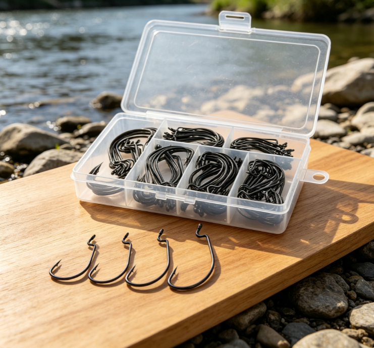 2 Black Wide-Gap Offset Hook Set – Lure Fishing Hooks for Soft Baits - Image 1
