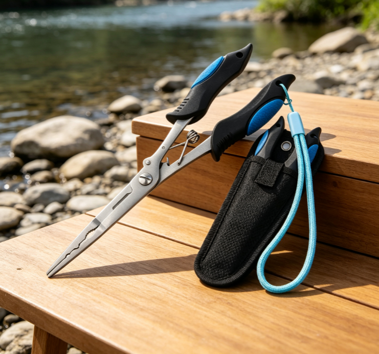 2 Blue-and-Black Non-Slip Lure Pliers with Sheath and Elastic Lanyard - Image 1