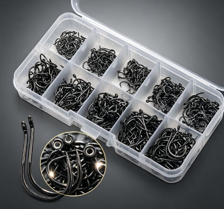 4 Black Ringed Barbed Hook Set – Transparent Compartmentalized Storage Box - Image 1