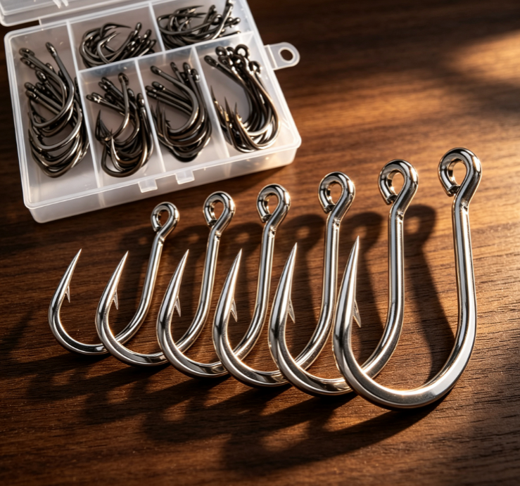 5 Polished Ring-Eye Hook Set for Big Game – High-Tensile Saltwater Fishing Hooks - Image 1
