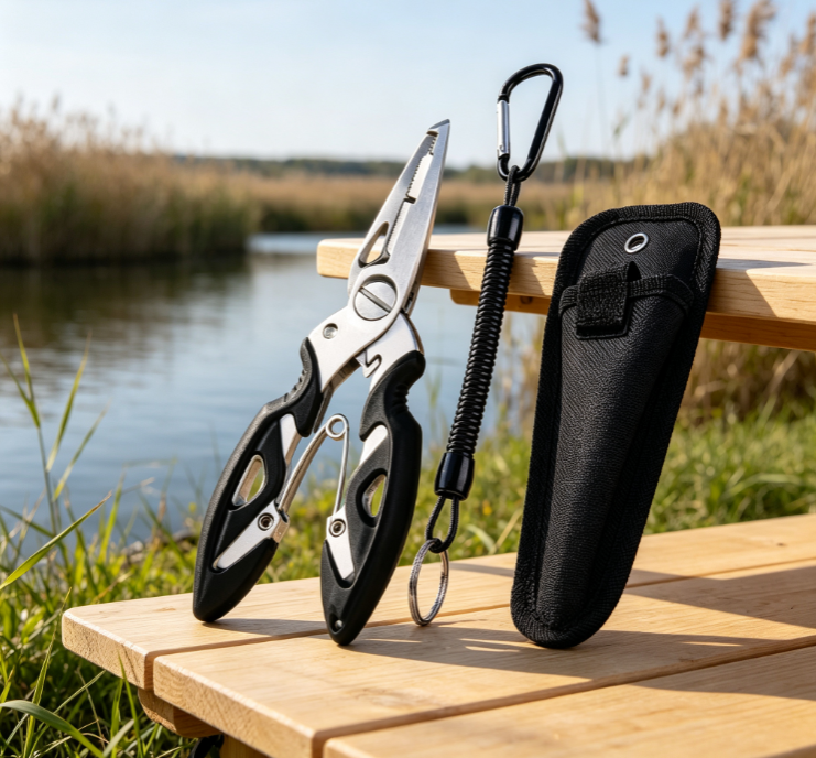 5 Black & White Multi-functional Fishing Pliers with Spring Lanyard and Sheath - Image 1