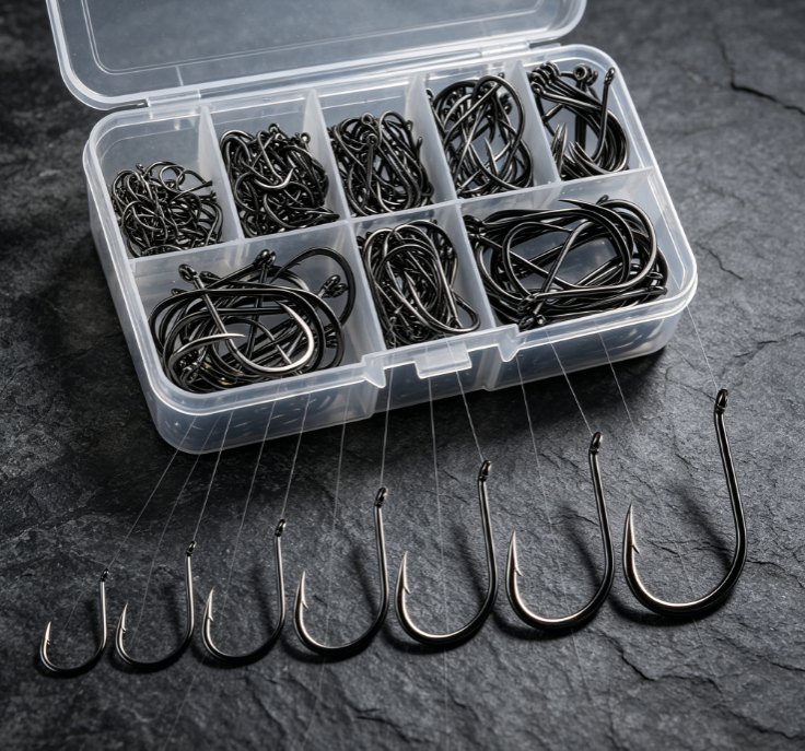 6 Black Long-Shank Barbed Hook Set – Pre-Tied Leader Rig Box - Image 1