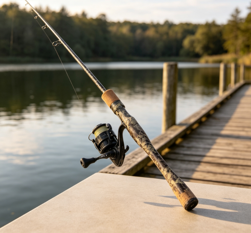 6 Camouflage Carbon Fiber Spinning Lure Rod (Straight Handle) with Cork Grip – For Long-Distance Casting in Lakes & Reservoirs - Image 1