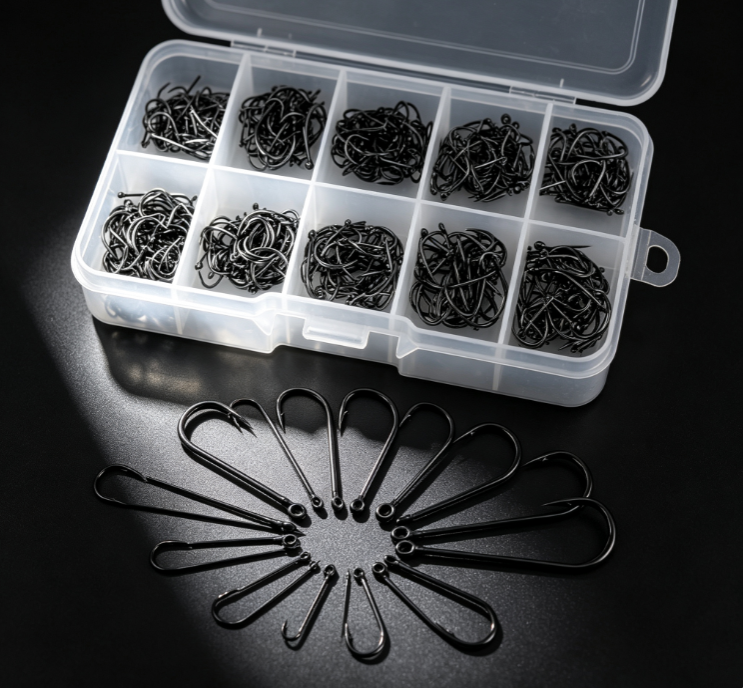 8 Black Round-Shank Barbed Fish Hook Set – Multi-Size Tackle in Compartmentalized Box - Image 1