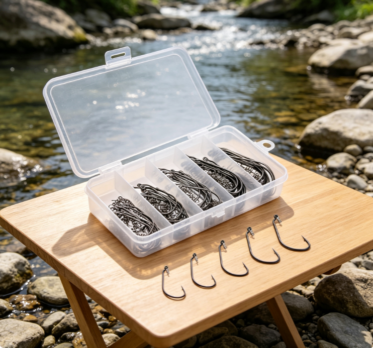 9 Stream Fishing Hook Set with Spring & Barb – Multi-Size Compartment Box - Image 1