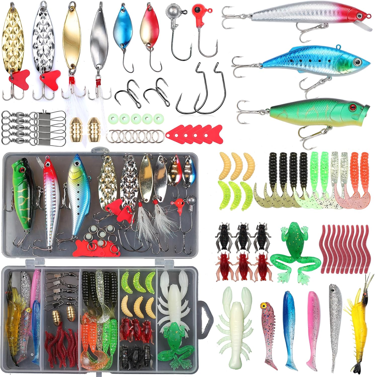 91jWXJlPIPL._AC_SL1500_.jpg Metal Spoon Lure Set – Comprehensive Kit with Hard Baits, Soft Baits, Hooks, Sinkers, and Accessories - Image 1