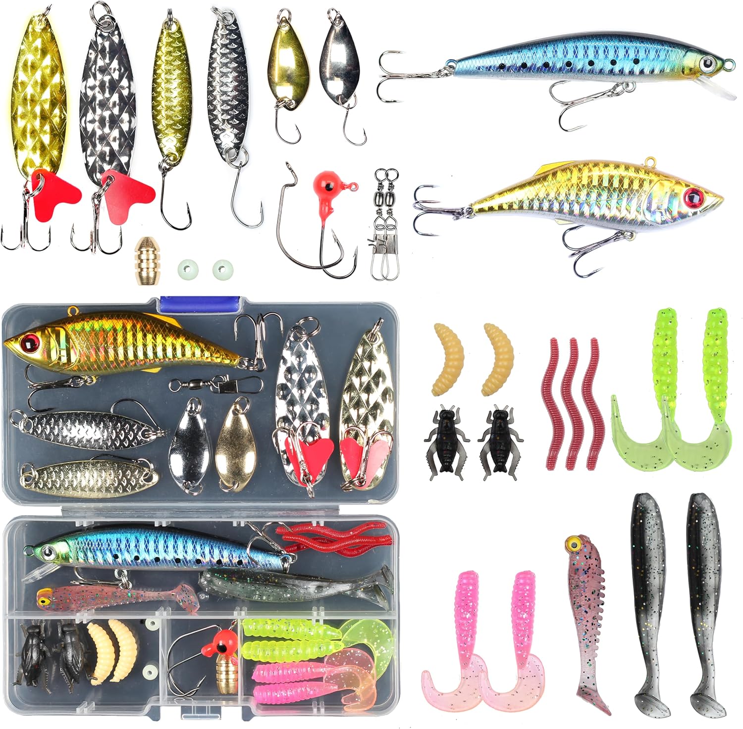 91yCjbvsRpL._AC_SL1500_.jpg Long-Casting Lure Set – Metal Spoons, VIBs, Minnows, Soft Baits & Accessories - Image 1